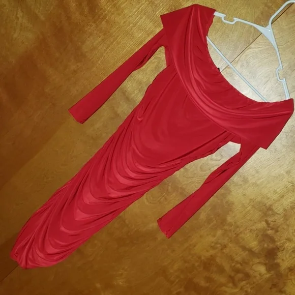 PLT Red Long Sleeve Bardot Ruched Bodycon Dress | Sz 8 - Picture 3 of 5